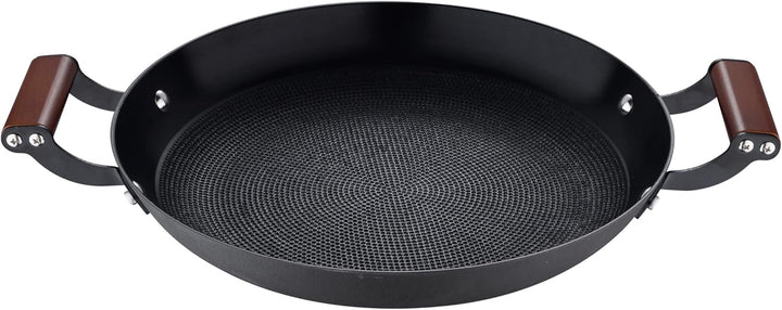 MasterPRO Odín | Grillpfanne | Rundes Design 28 cm | Aus Gepresstem Eisen | Ergonomischer Akazienhol