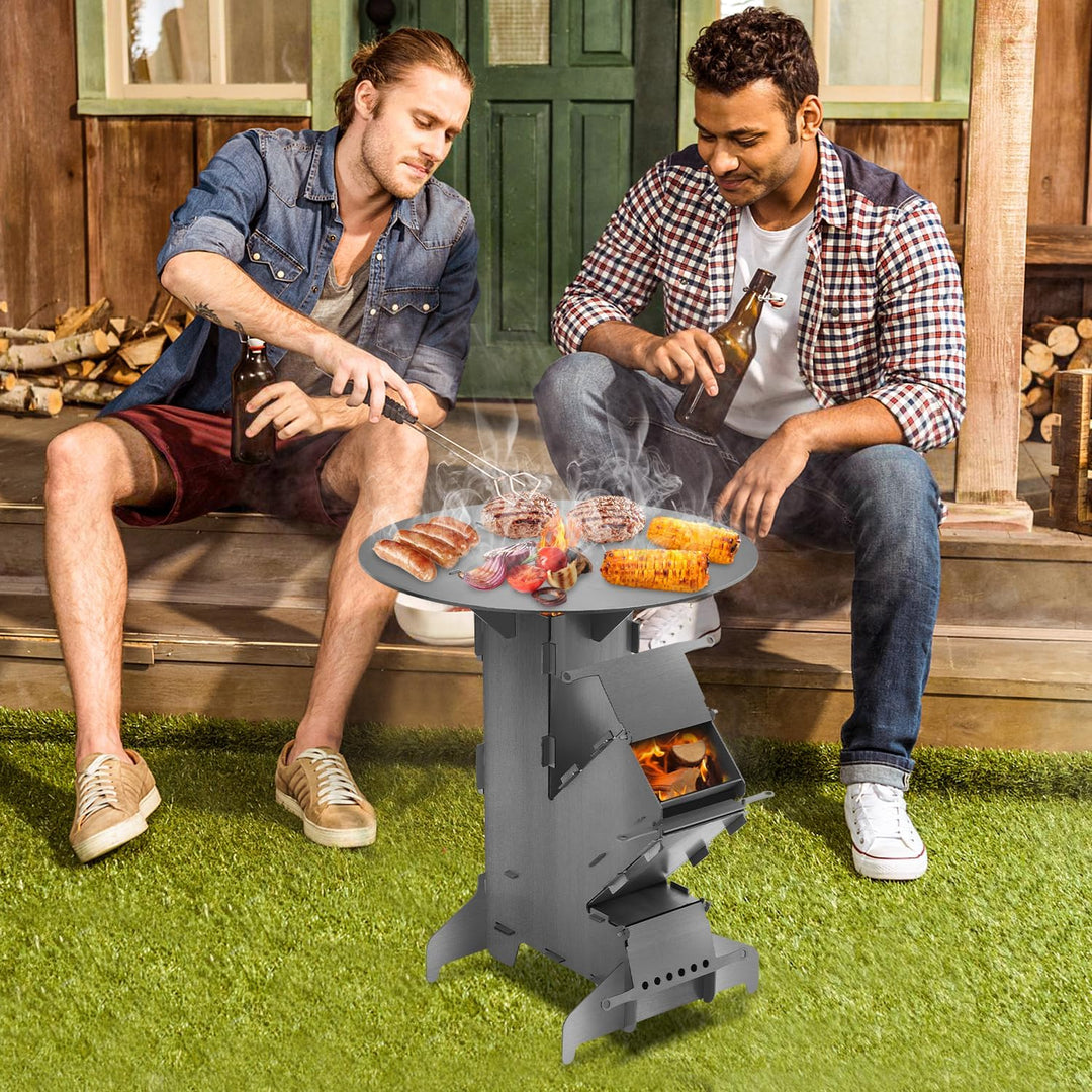 Daromigo Raketenofen mit Grillplatte und Feuerhaken, Rocket Stove Outdoor aus massivem 3 mm dickem S