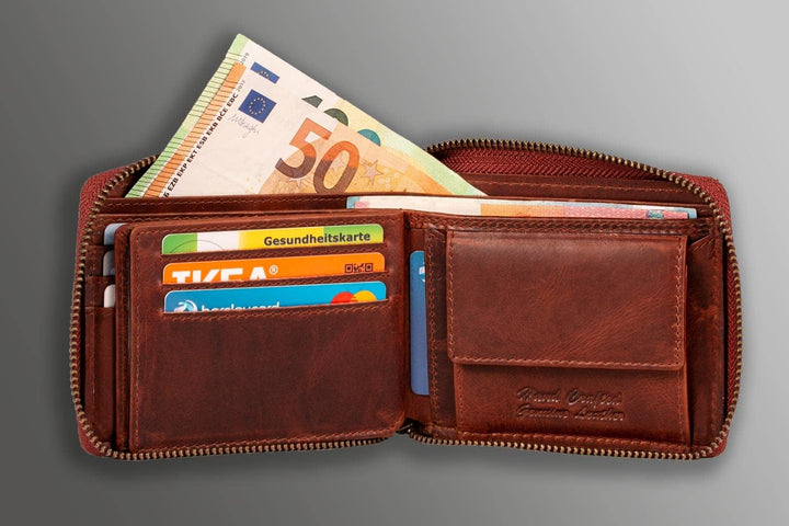 MATADOR Herren Geldbörse Damen Geldbeutel mit YKK Reissverschluss TüV RFID Schutz Karo Muster Braun