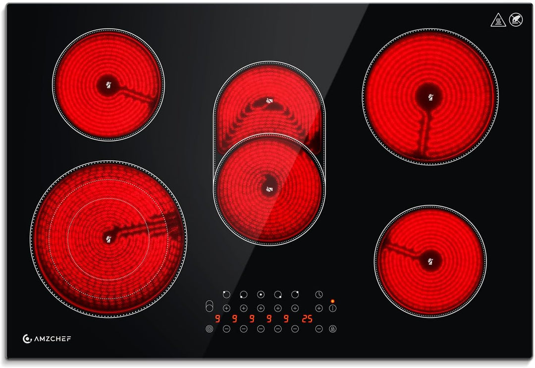 AMZCHEF Glaskeramikkochfeld 5 Zonen, Einbau Keramikkochfeld 77CM mit Ovale Zone und Dreierzone, 9 Le