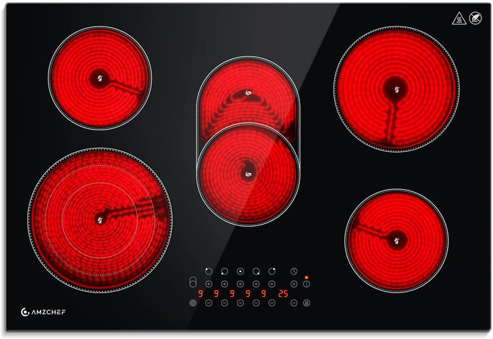 AMZCHEF Glaskeramikkochfeld 5 Zonen, Einbau Keramikkochfeld 77CM mit Ovale Zone und Dreierzone, 9 Le