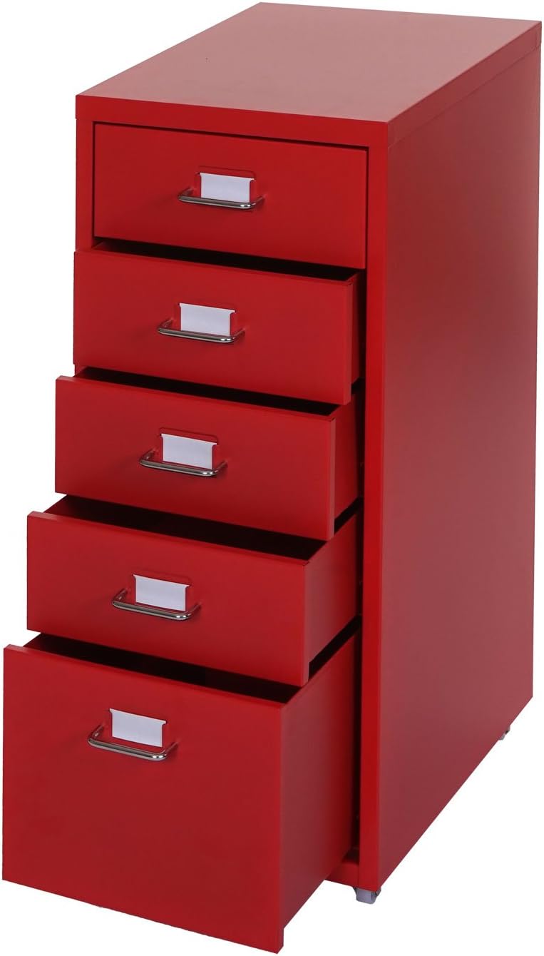 Mendler Rollcontainer Boston T851, Schubladenschrank Stahlschrank, 69x28x41cm 5 Schubladen - rot, Ro