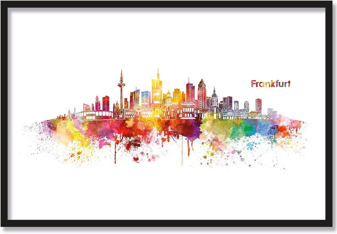 JUNIWORDS Poster mit/ohne Holzrahmen, Wähle ein Motiv, Aquarell Skyline Frankfurt, Wähle eine Grösse