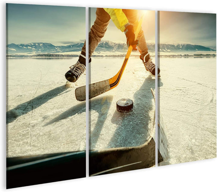 islandburner Bild auf Leinwand Eishockey Spiel Moment Gefrorener See Bilder Wandbilder Poster Leinwa