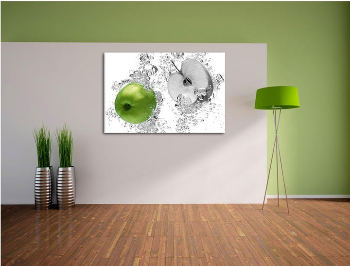 saftig grüne Äpfel im Wasser schwarz/weiss Format: 100x70 auf Leinwand, XXL riesige Bilder fertig ge
