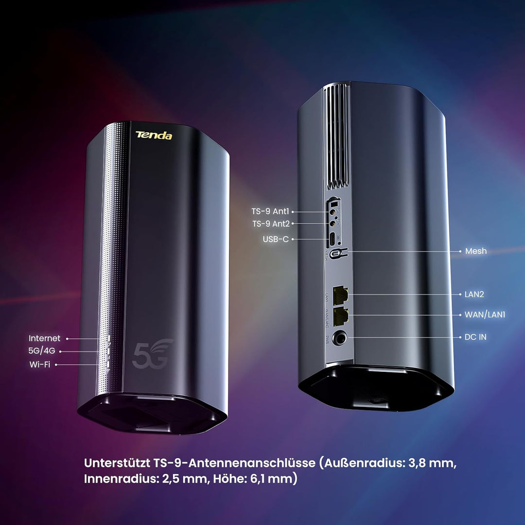 Tenda 5G03 5G NR LTE WLAN Router für Nano-SIM-Karte (AX1800 CAT19 2,4GHz: 574Mbit/s+5GHz: 1201Mbit/s