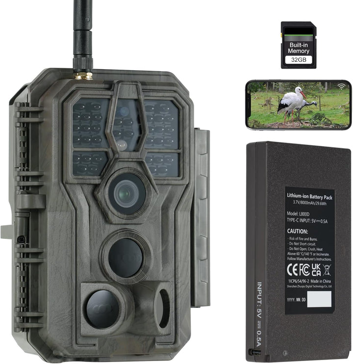 GardePro E8P Max Wildkamera WLAN, Wiederaufladbare 8000mAh Batterie, integrierte SD Karte, 64MP 1296