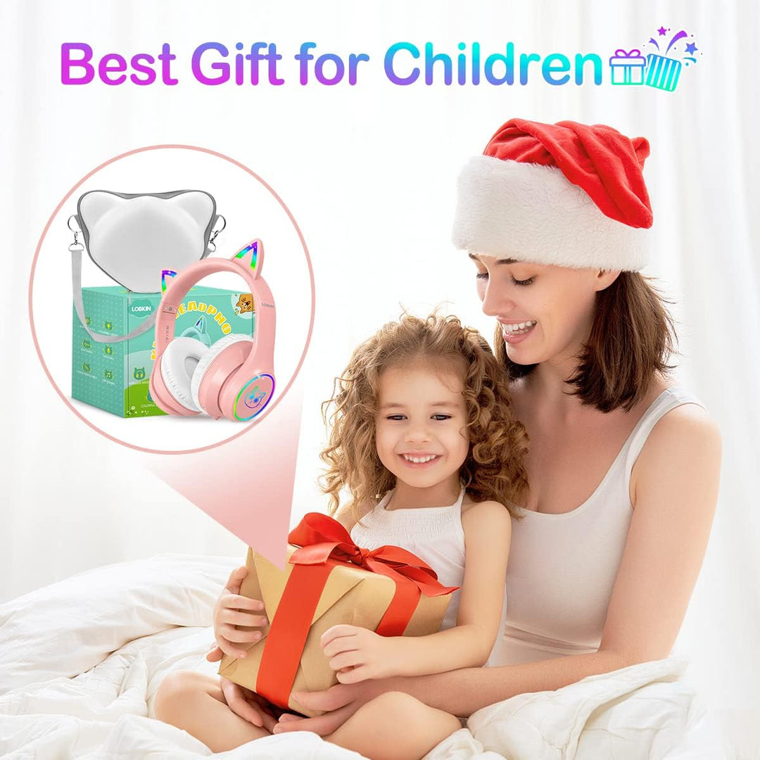 LOBKIN Bluetooth 5.3 Kinder Kopfhörer mit Tasche - RGB LED-licht Katzenohren Faltbare Stereo Headset