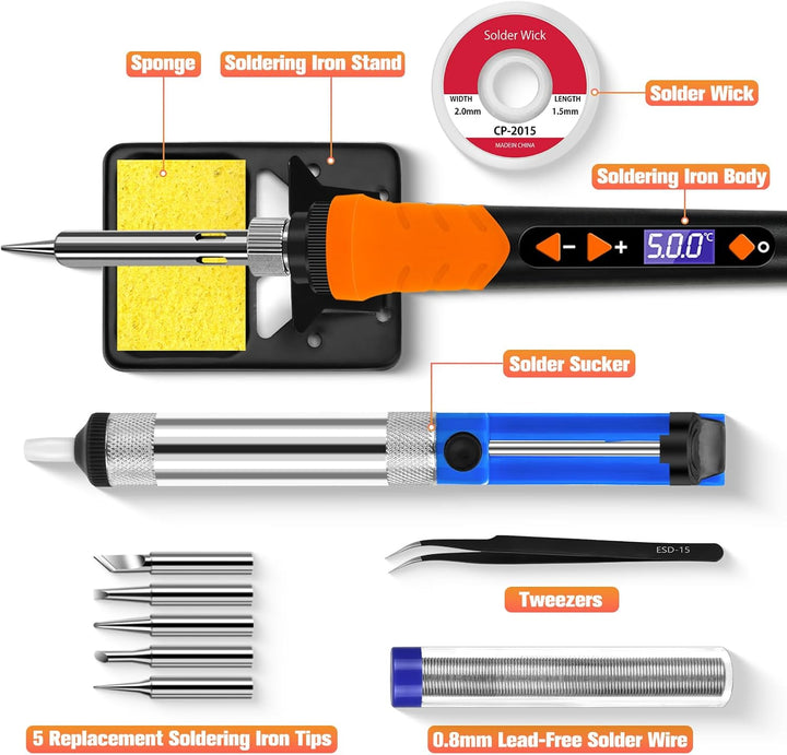 Lötkolben, 90W Lötset, LCD-12-in-1-Lötwerkzeug, einstellbare Temperatur 200–500 °C, mit 5 * austausc