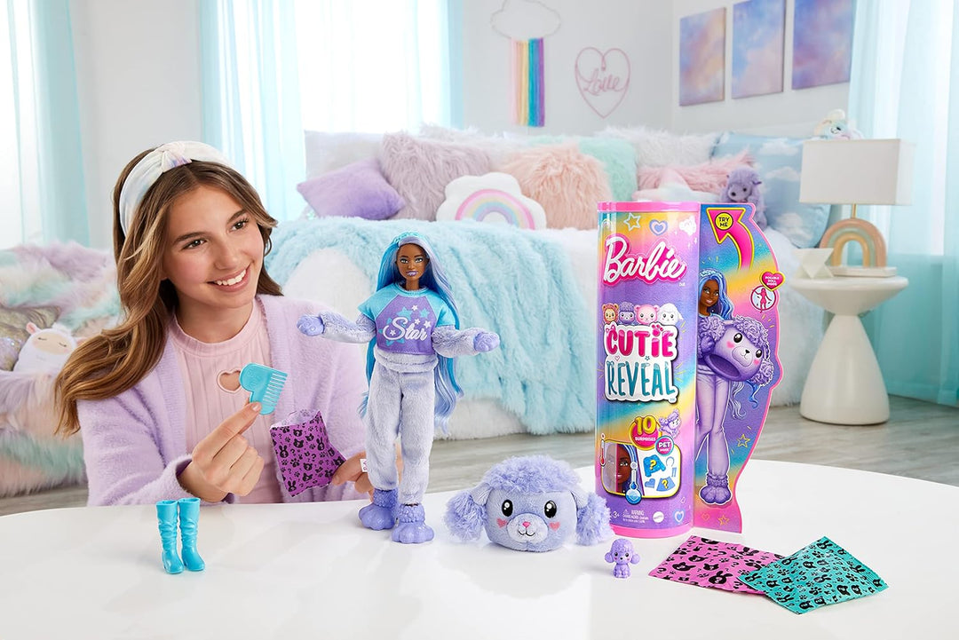 BARBIE Cutie Reveal Puppe - Plüschpudel mit 10 Überraschungen, bewegliche Barbie-Puppe mit zahlreich