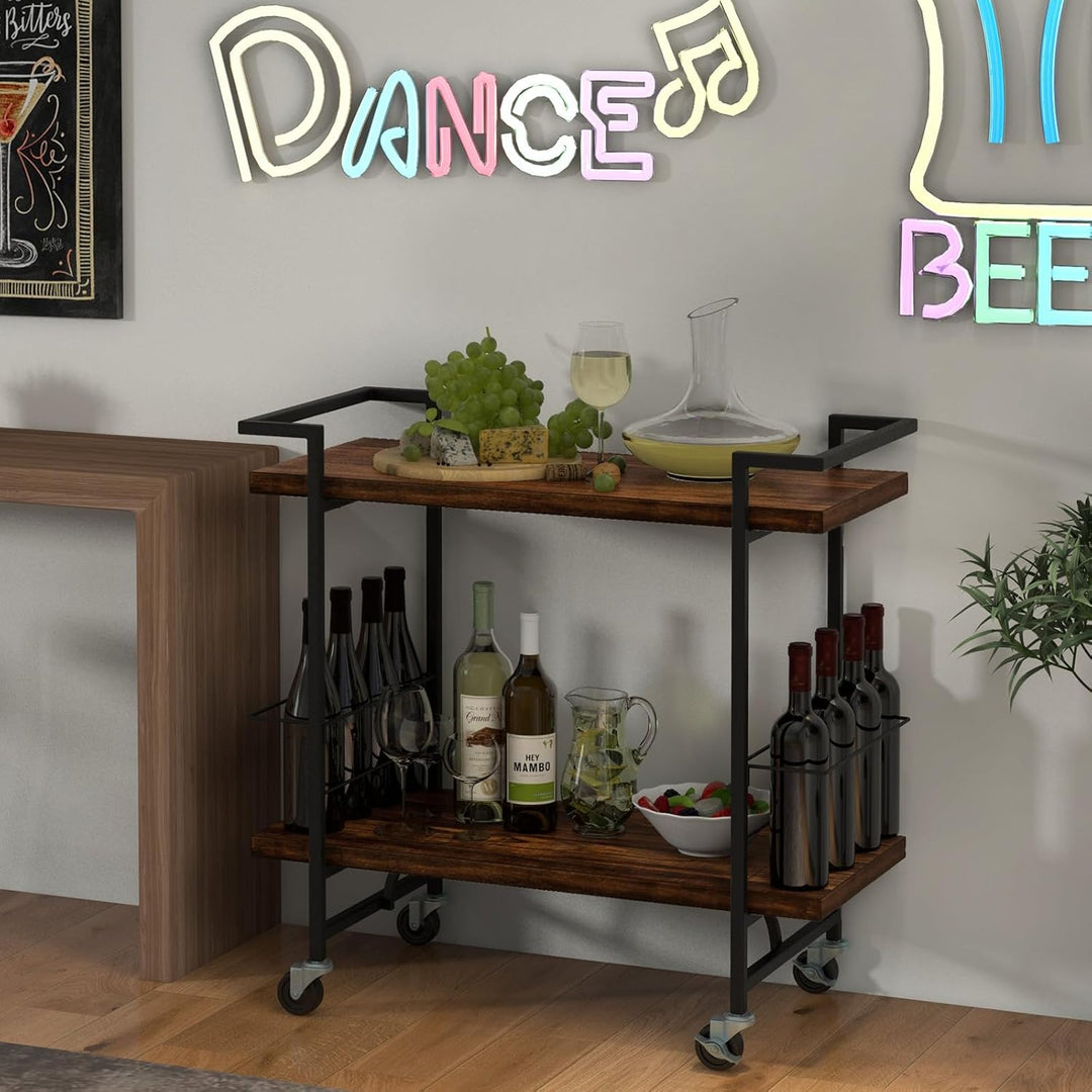 COSTWAY Servierwagen mit Rollen, Küchenwagen Industrie-Design, seitlicher Schutz für Weinflaschen, 2