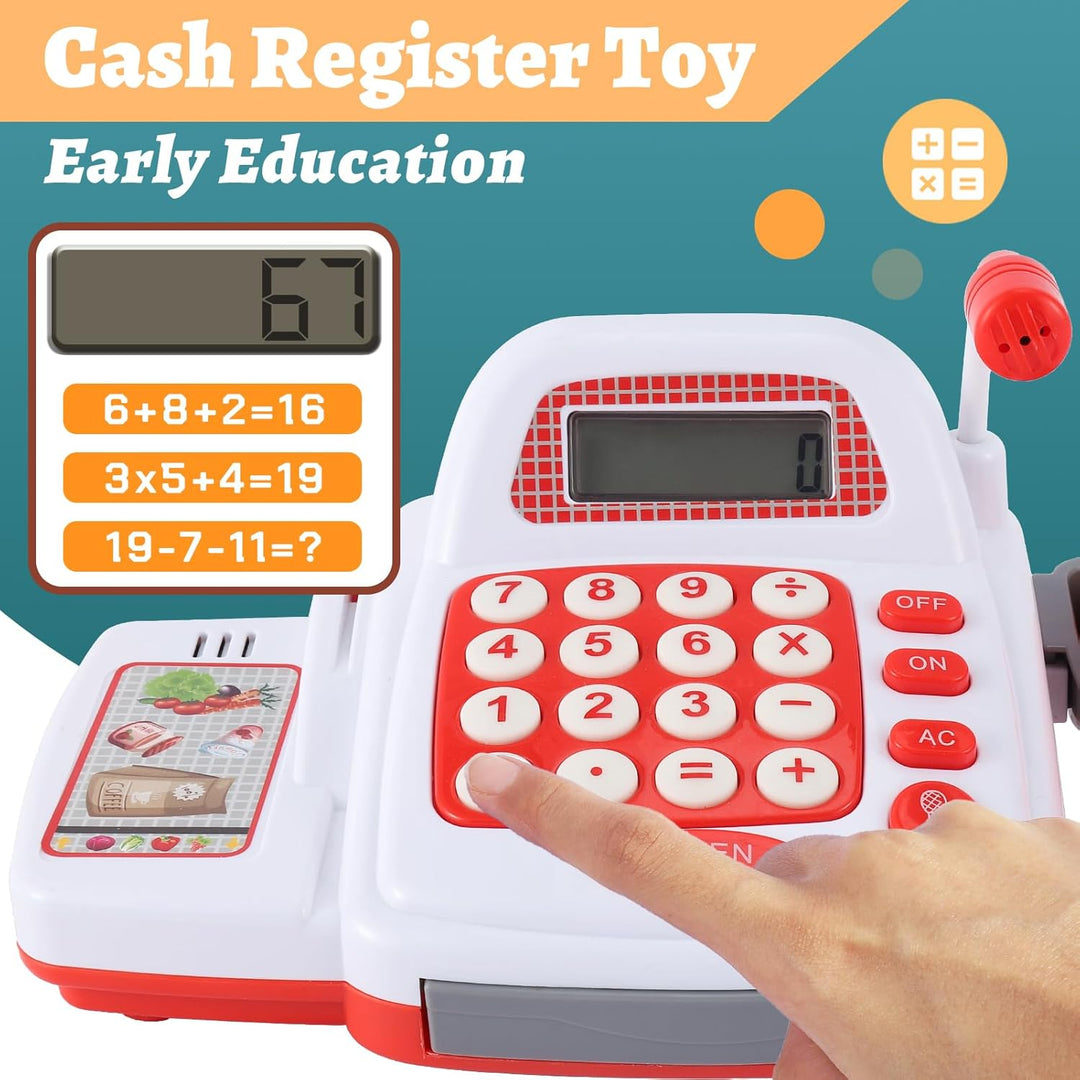 TOEY PLAY Kasse Kaufladen Kinder, Kinderkasse mit Scanner und Sound Mikrofon, Kasse Spielzeug, Kaufl
