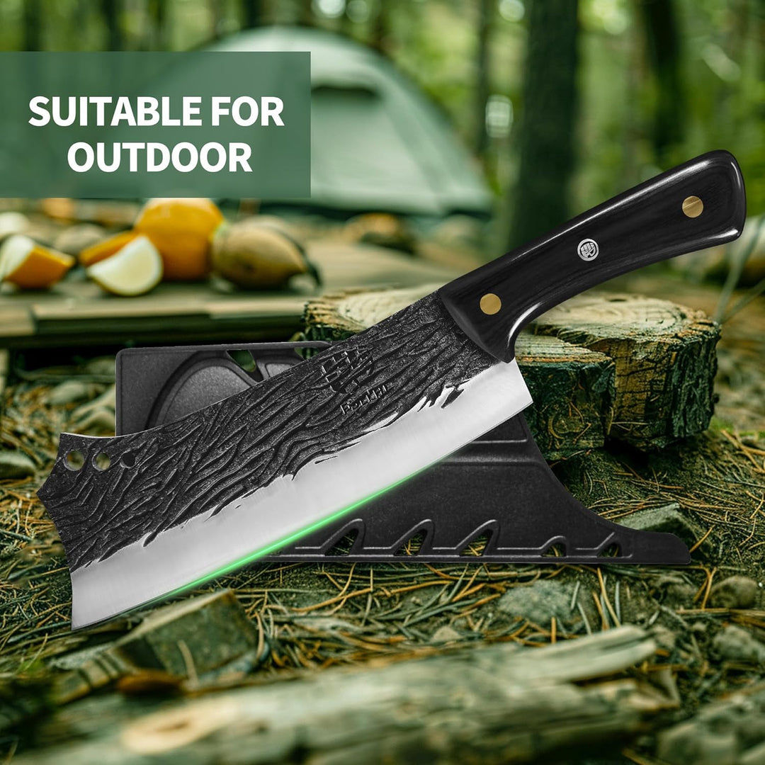 FULLHI Butcher Knife Hand geschmiedet schwere Fleischbeil Kochmesser mit Scheiden schwarz High Carbo