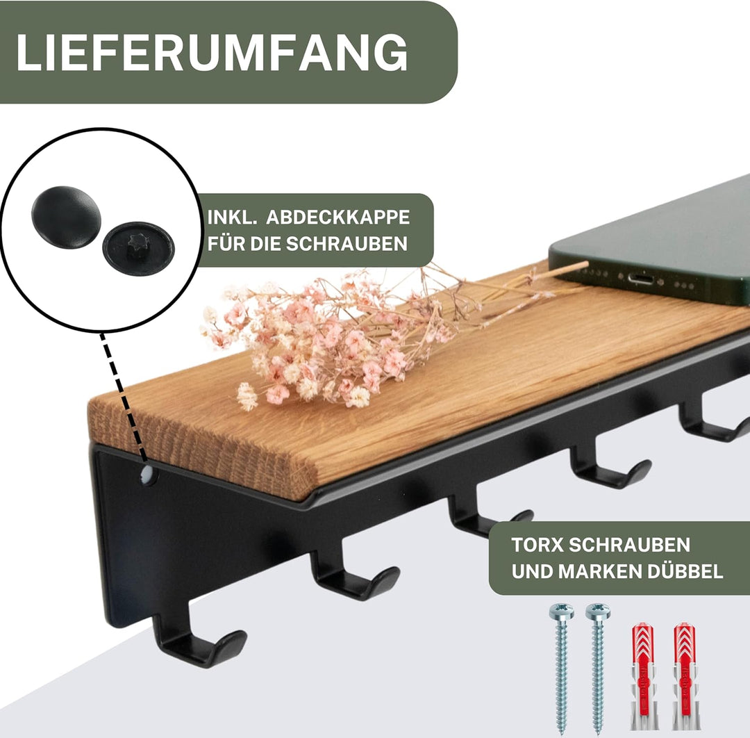 Astrein® | Schlüsselbrett mit 6 Haken | Schlüsselboard aus Holz | Eiche | Wandorganizer | Schlüsselk