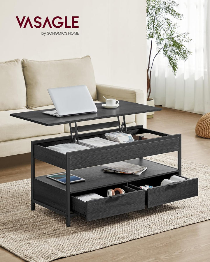 VASAGLE Couchtisch, höhenverstellbarer Wohnzimmertisch, Kaffeetisch, mit Schubladen, offenes Fach, a