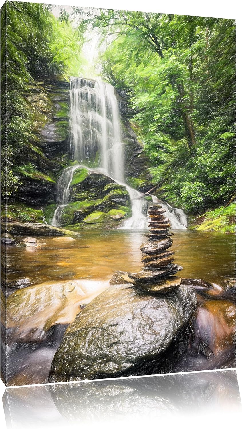 Pixxprint Zen Steine vor Wasserfall Kunst Buntstift Effekt, Format: 100x70 auf Leinwand, 100x70