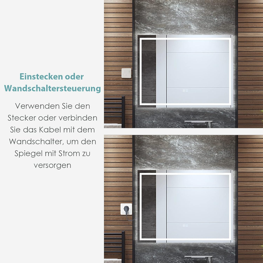 COSTWAY Badspiegel mit Anti-Beschlage Spiegelheizung, LED-Spiegel dimmbar, Badezimmerspiegel 3000K-6