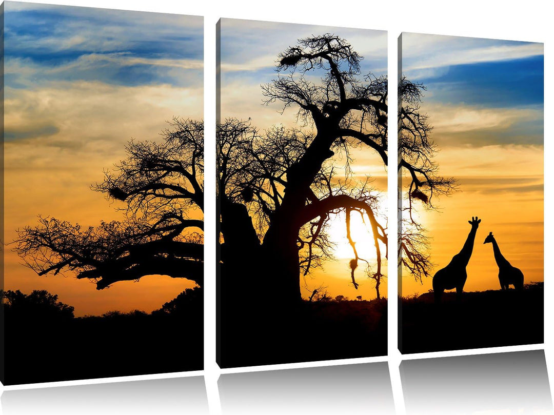 Pixxprint Zwei Giraffen in der Wüste / 3-Teilig/Gesamtmass 120cm Leinwandbild bespannt auf Holzrahme
