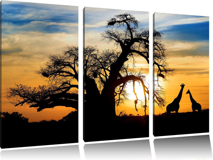 Pixxprint Zwei Giraffen in der Wüste / 3-Teilig/Gesamtmass 120cm Leinwandbild bespannt auf Holzrahme