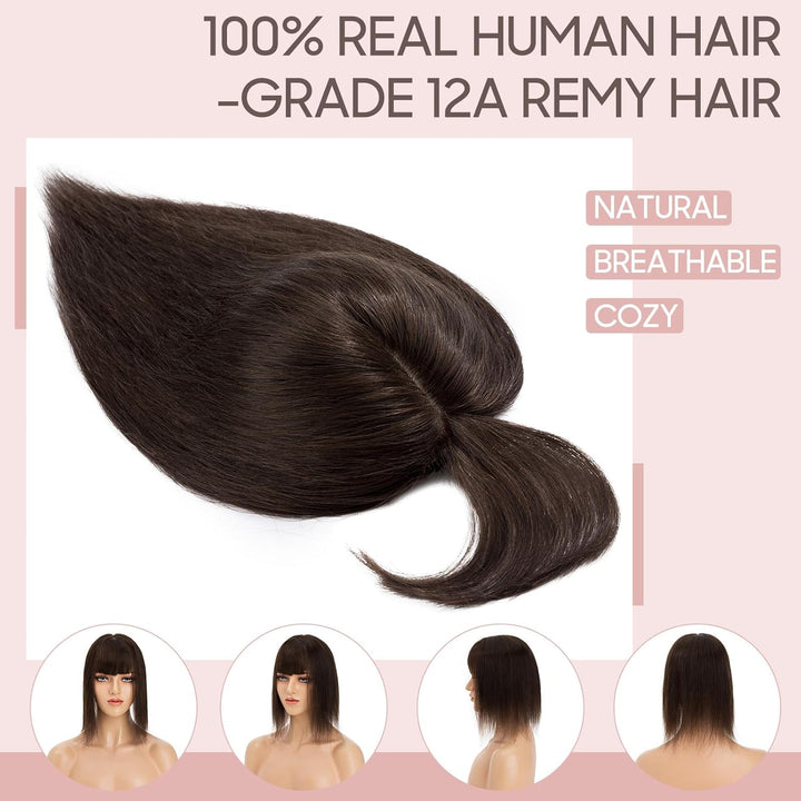 Silk-co Hair Topper Echthaar mit langem Pony, Toupet Damen 10x12cm Basis, Haartopper Echthaar mit Re