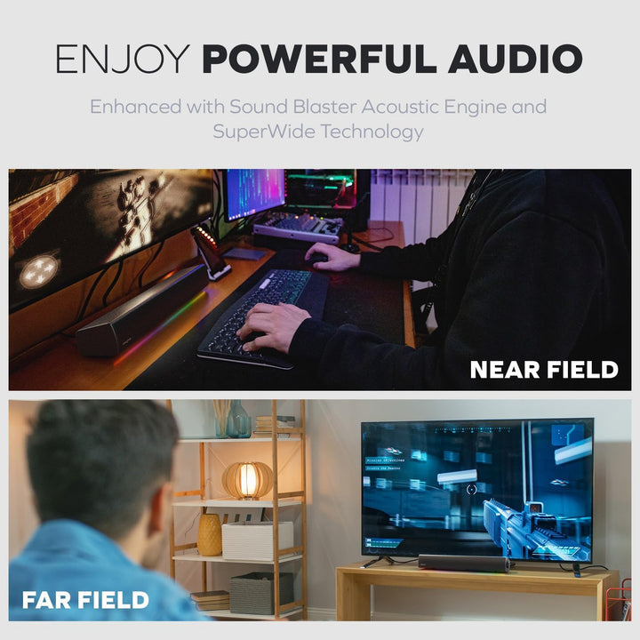 CREATIVE Sound Blaster GS5 RGB Gaming Soundbar mit SuperWide-Technologie, Stromversorgung über Adapt