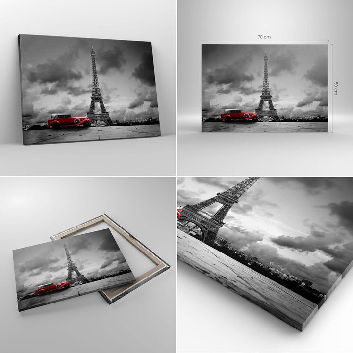 ARTTOR Bilder auf Leinwand Auto Eiffle Paris Stadt Leinwandbild 70x50cm Wandbilder Dekoration Wohnzi