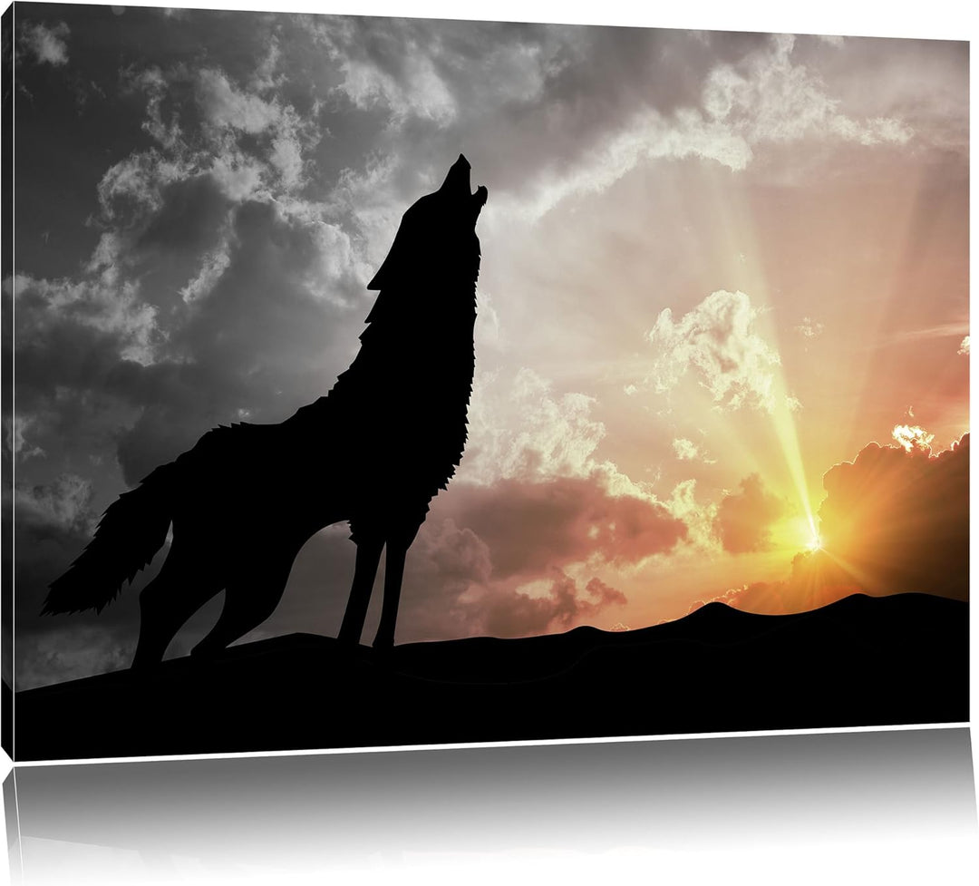 Pixxprint Wolf Heulen als Leinwandbild | Grösse: 100x70 cm | Wandbild | Kunstdruck | fertig bespannt