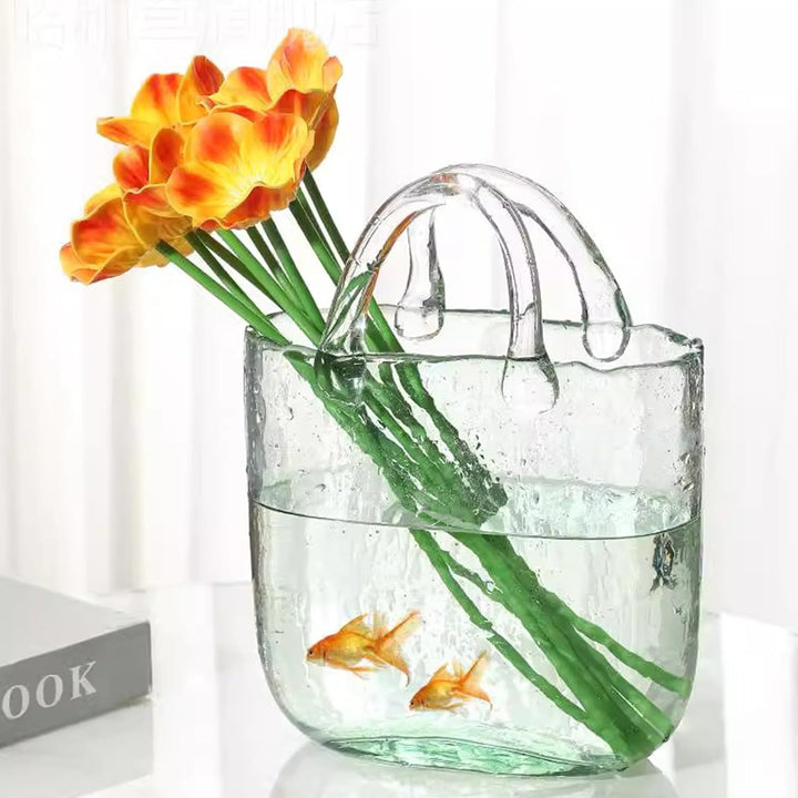 DBREAKS Glas Handtasche Vase, Tasche Glasvasen, Klare Handgemachte Vase, Kreative Bubble Handtasche