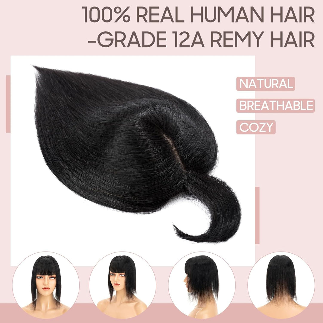 Silk-co Hair Topper Echthaar mit langem Pony, Toupet Damen 10x12cm Basis, Haartopper Echthaar mit Re