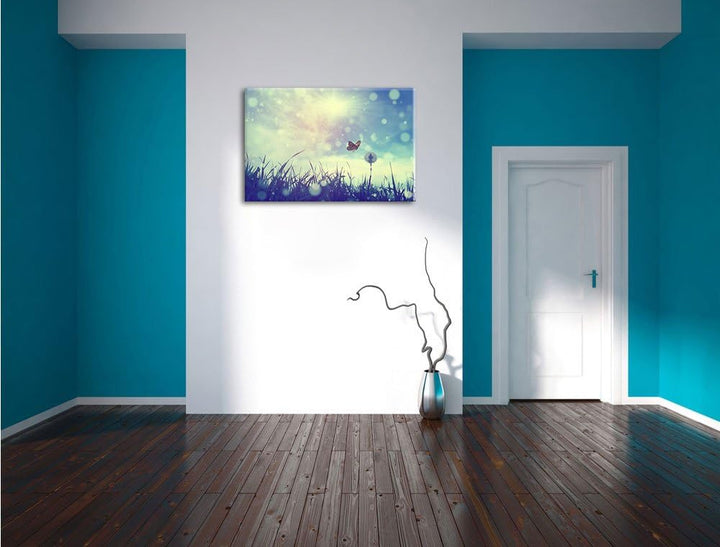 Pixxprint zarter Schmetterling fliegt zu Pusteblume, Format: 100x70 auf Leinwand, 100x70