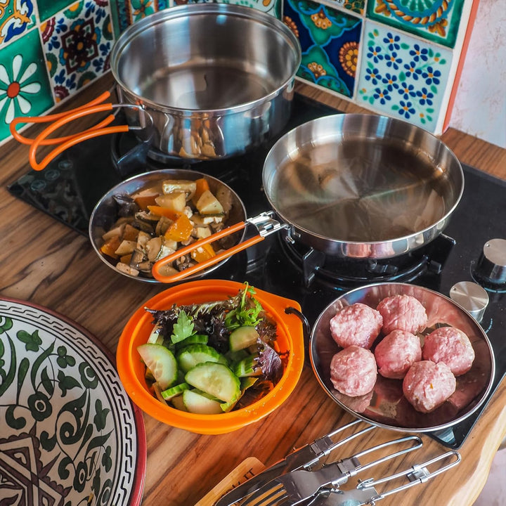 KingCamp Camping Kochset Adventurer I Pro Koch Geschirr Set Stahl Topf Pfanne