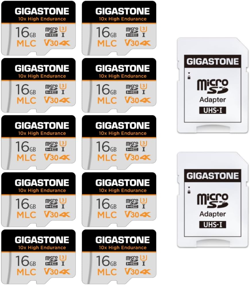 Gigastone MLC 10x High Endurance 16GB MicroSDHC Speicherkarte 10er-Pack und SD Adapter, bis zu 95/30