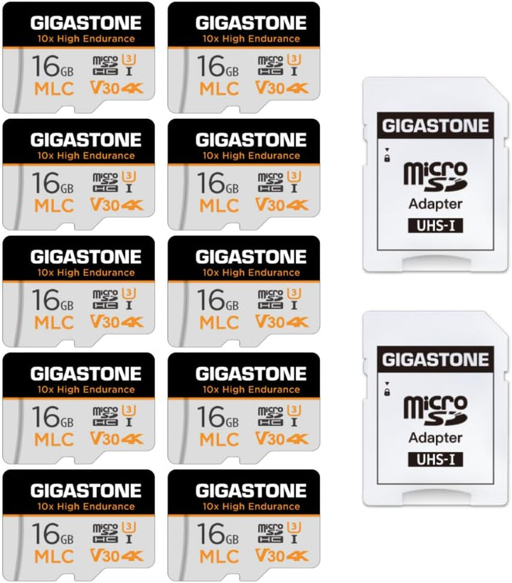 Gigastone MLC 10x High Endurance 16GB MicroSDHC Speicherkarte 10er-Pack und SD Adapter, bis zu 95/30