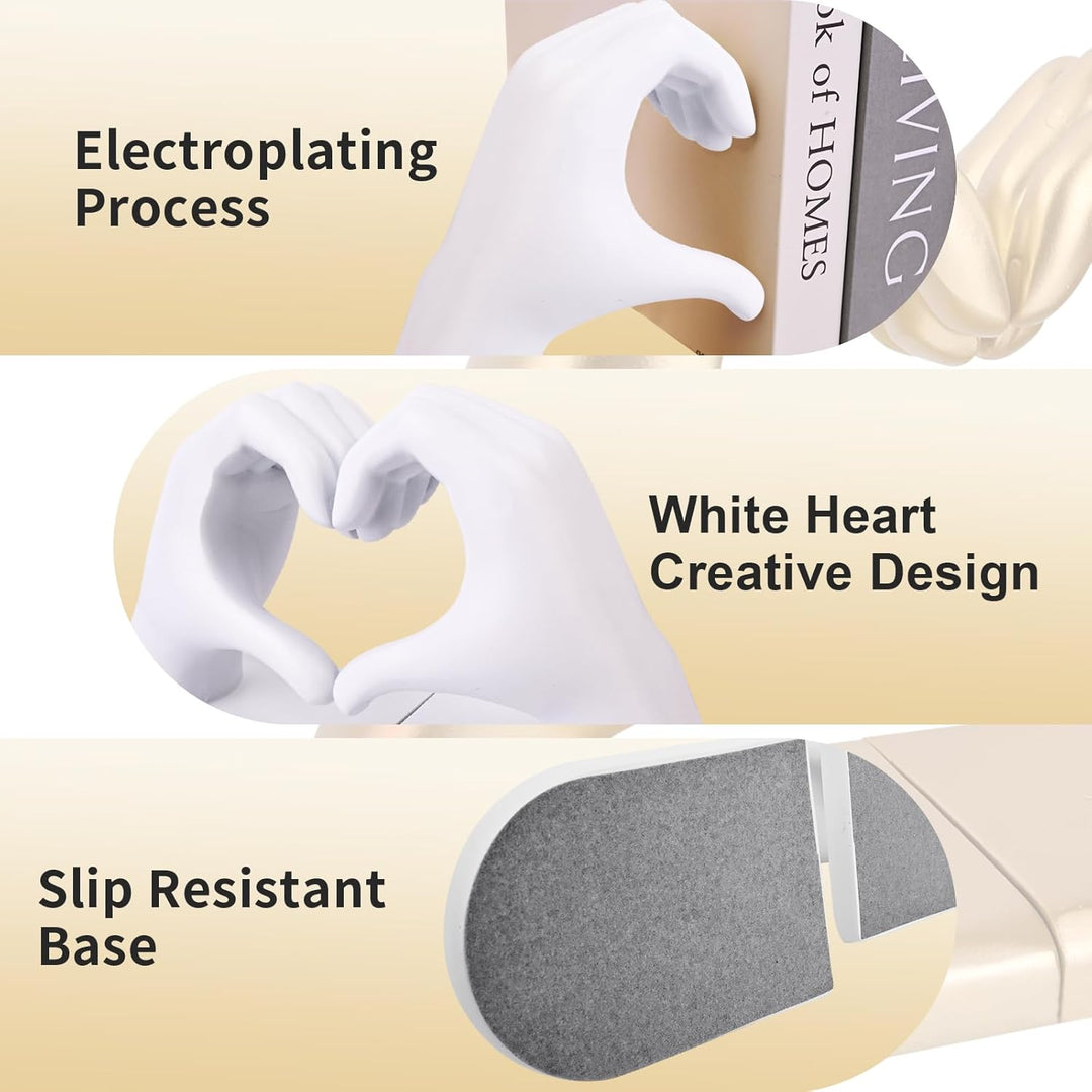 Weisse Buchstützen Set aus Resin - Herz & Hände Skulptur als Buchstütze, dekorative Bookends für Büc