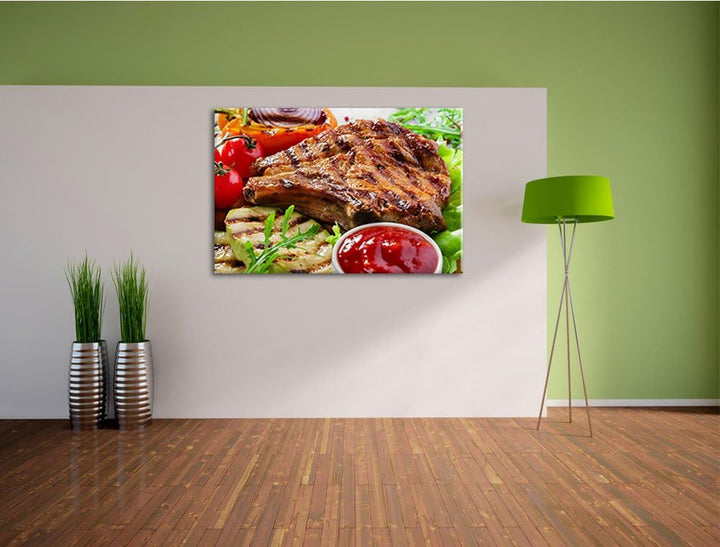 Gegrilltes Steak Format: 100x70 auf Leinwand, XXL riesige Bilder fertig gerahmt mit Keilrahmen, Kuns