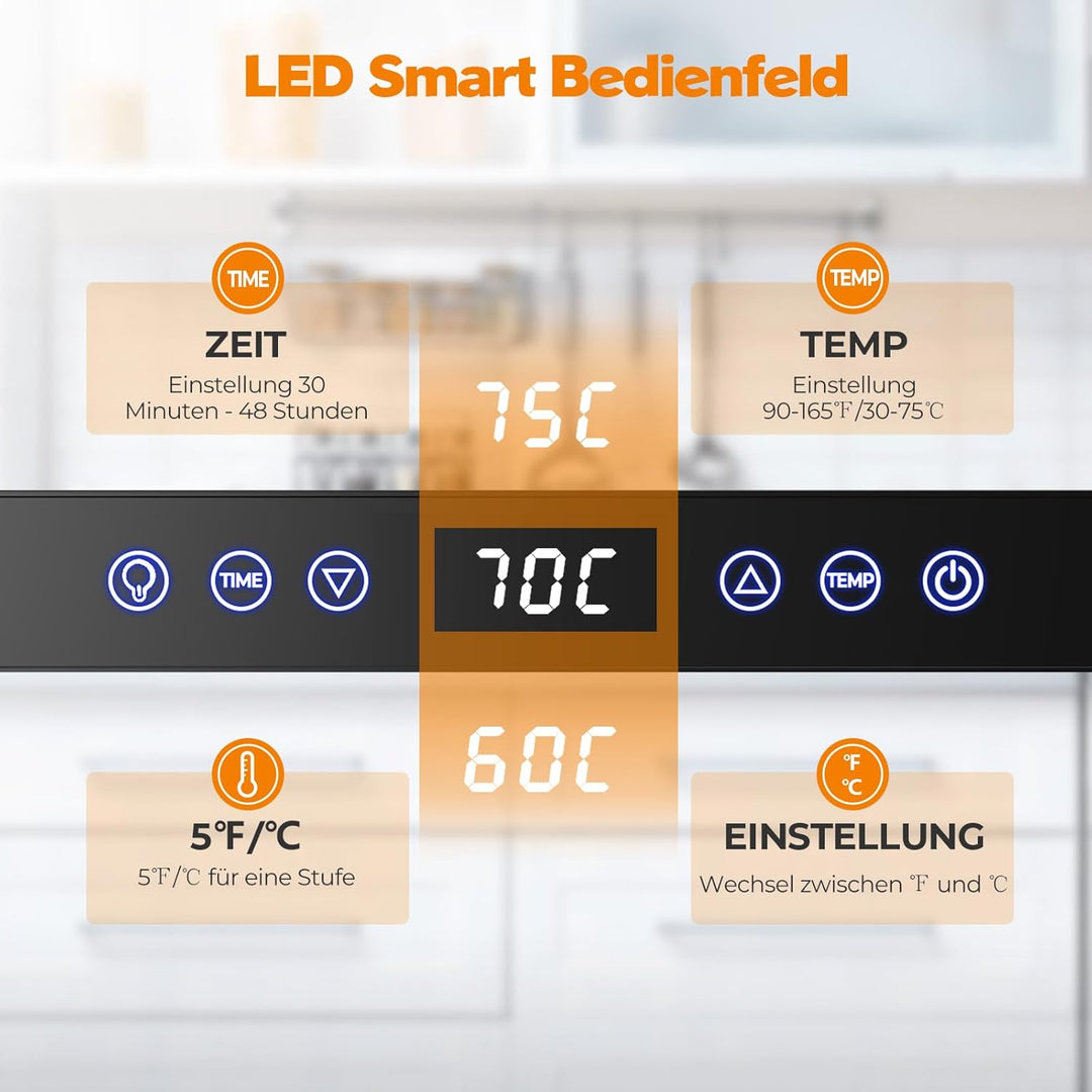 YASHE Edelstahl Dörrautomat mit digitaler Steuerung (Temperatur bis zu 75°C, Timer bis zu 48 Stunden