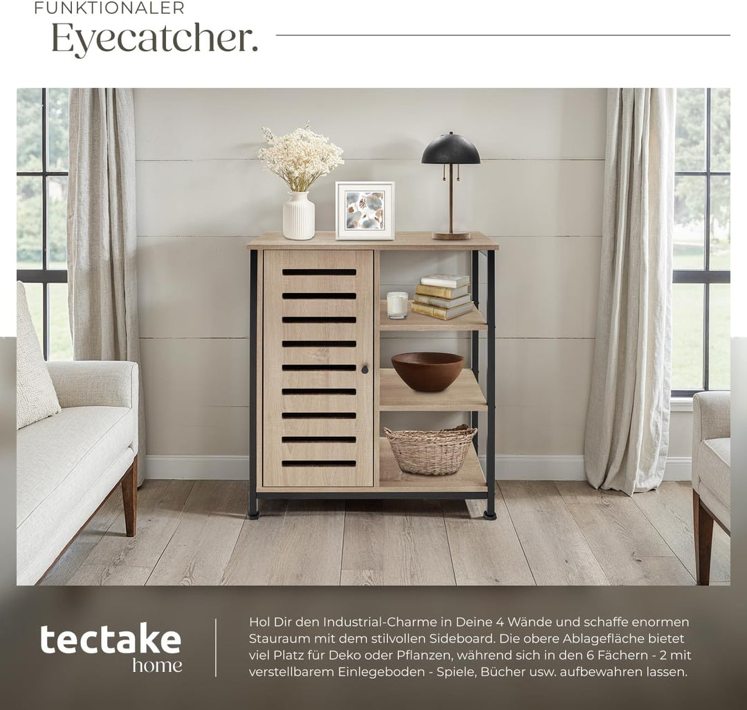 tectake Sideboard mit 3 Fächern und Schrankfach, 71 x 32 x 82 cm, Industrie-Design, Holz Kommode für