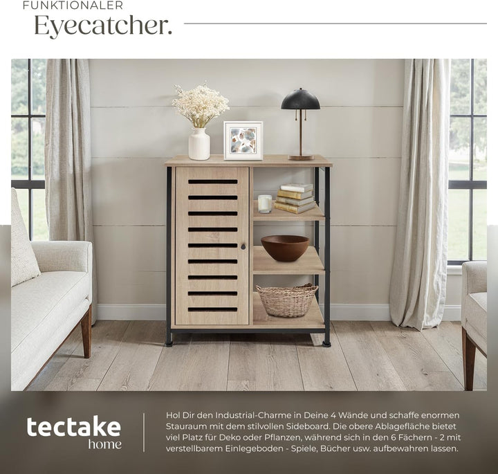 tectake Sideboard mit 3 Fächern und Schrankfach, 71 x 32 x 82 cm, Industrie-Design, Holz Kommode für