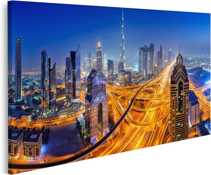 islandburner Bild auf Leinwand Dubai Skyline Nacht Panoramablick Bilder Wandbilder Poster, 80L x 40B