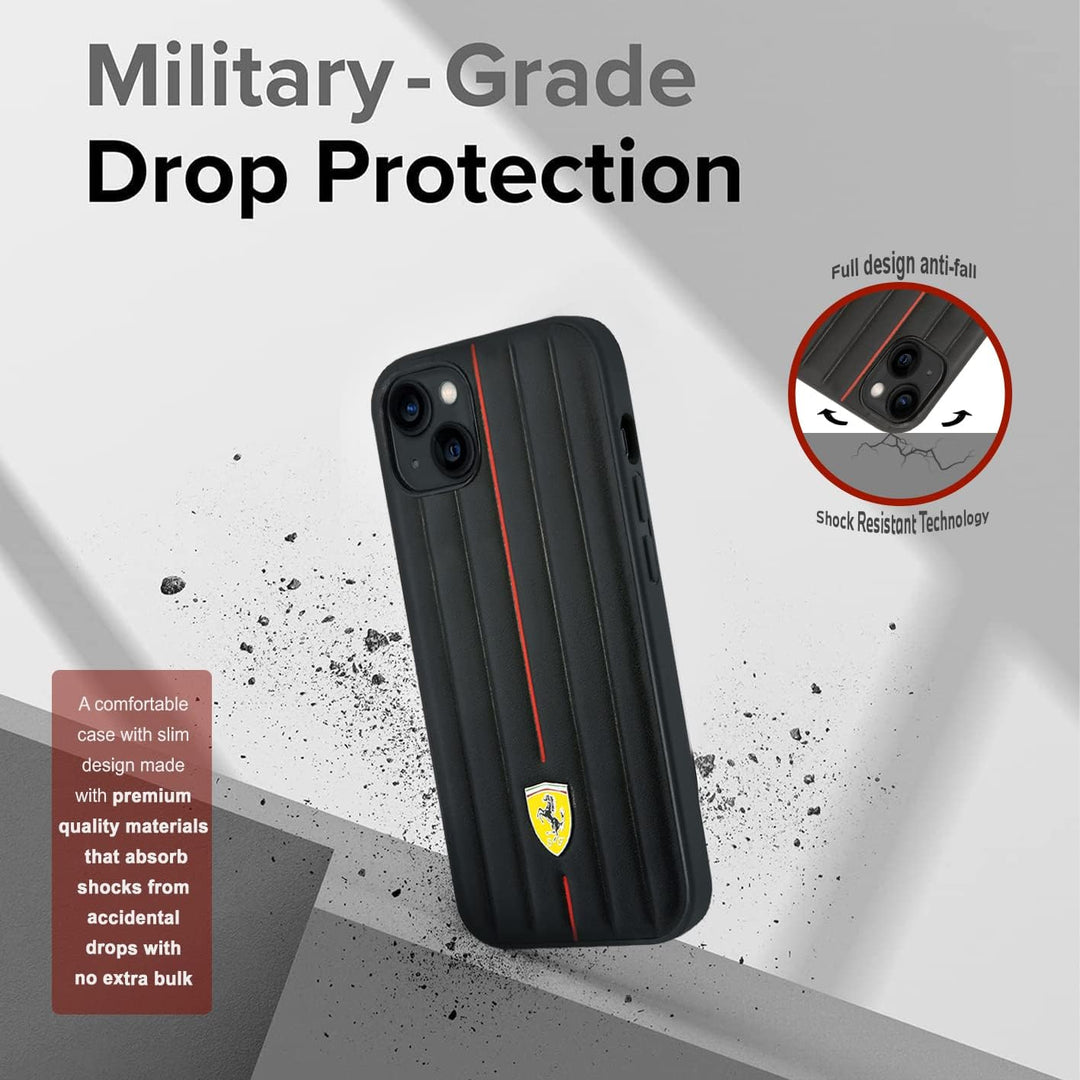 Ferrari Handyhülle für iPhone 14 Plus in Schwarz geprägten Streifen Schutzhülle Leder Strapazierfähi