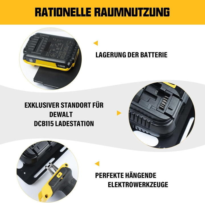 JYiuog Wandhalterung für DeWalt 20V Akku und DCB115 Ladegerät, robuster Metall Schwarz 2 Akkuhalter