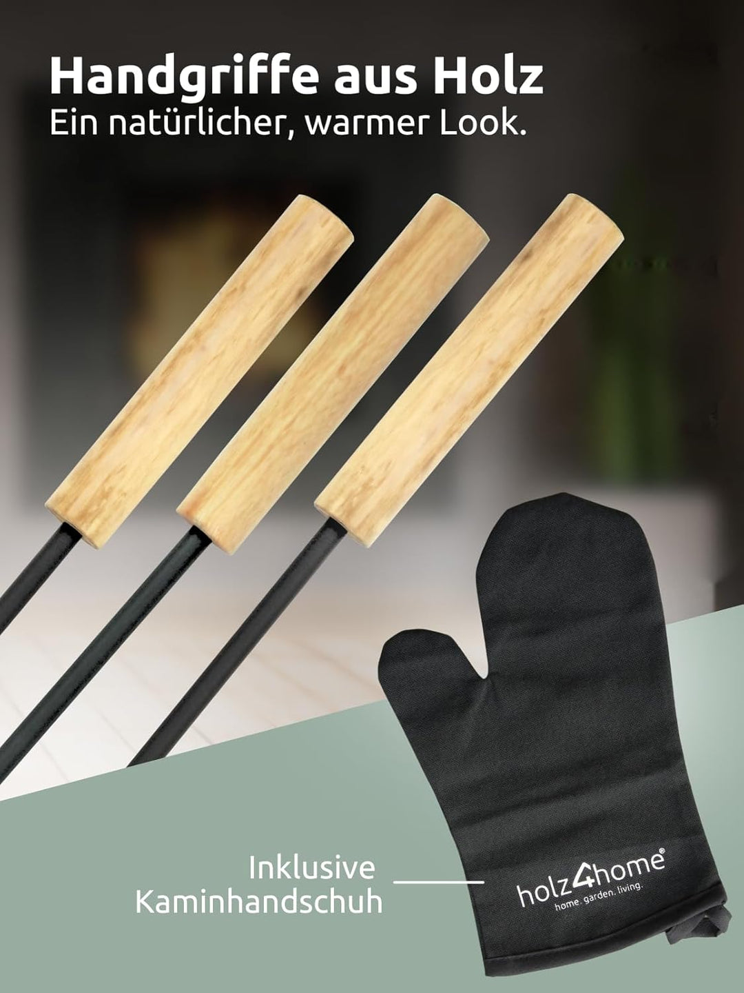 holz4home® Kaminbesteck 5-tlg. Grauschwarz mit Holzgriff inkl. Ofenhandschuh I Kaminset Kamingarnitu