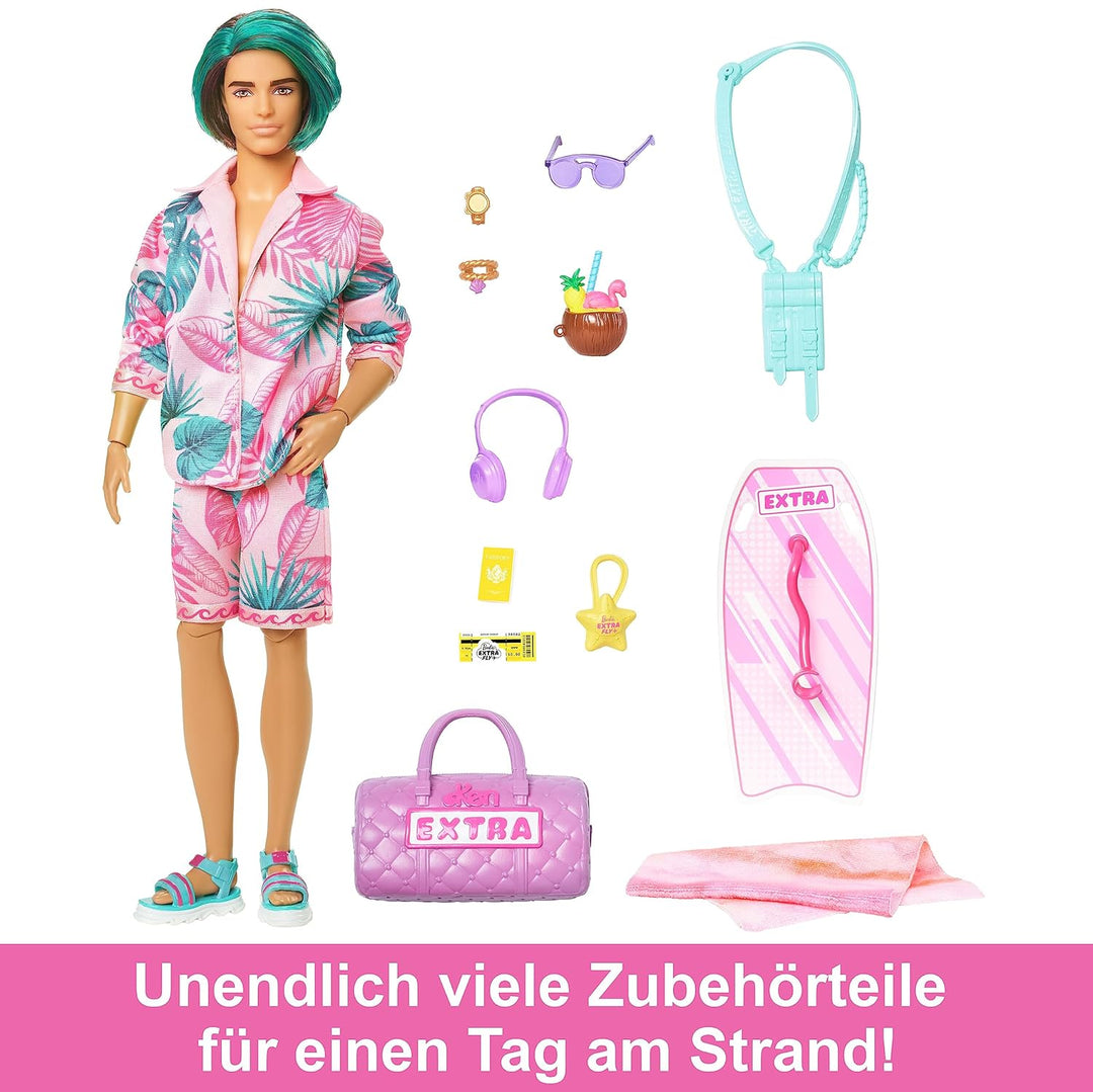 Barbie Extra Fly - Ken Reisepuppe mit tropischem Outfit, Boogie Board, Seesack und Zubehör für kreat