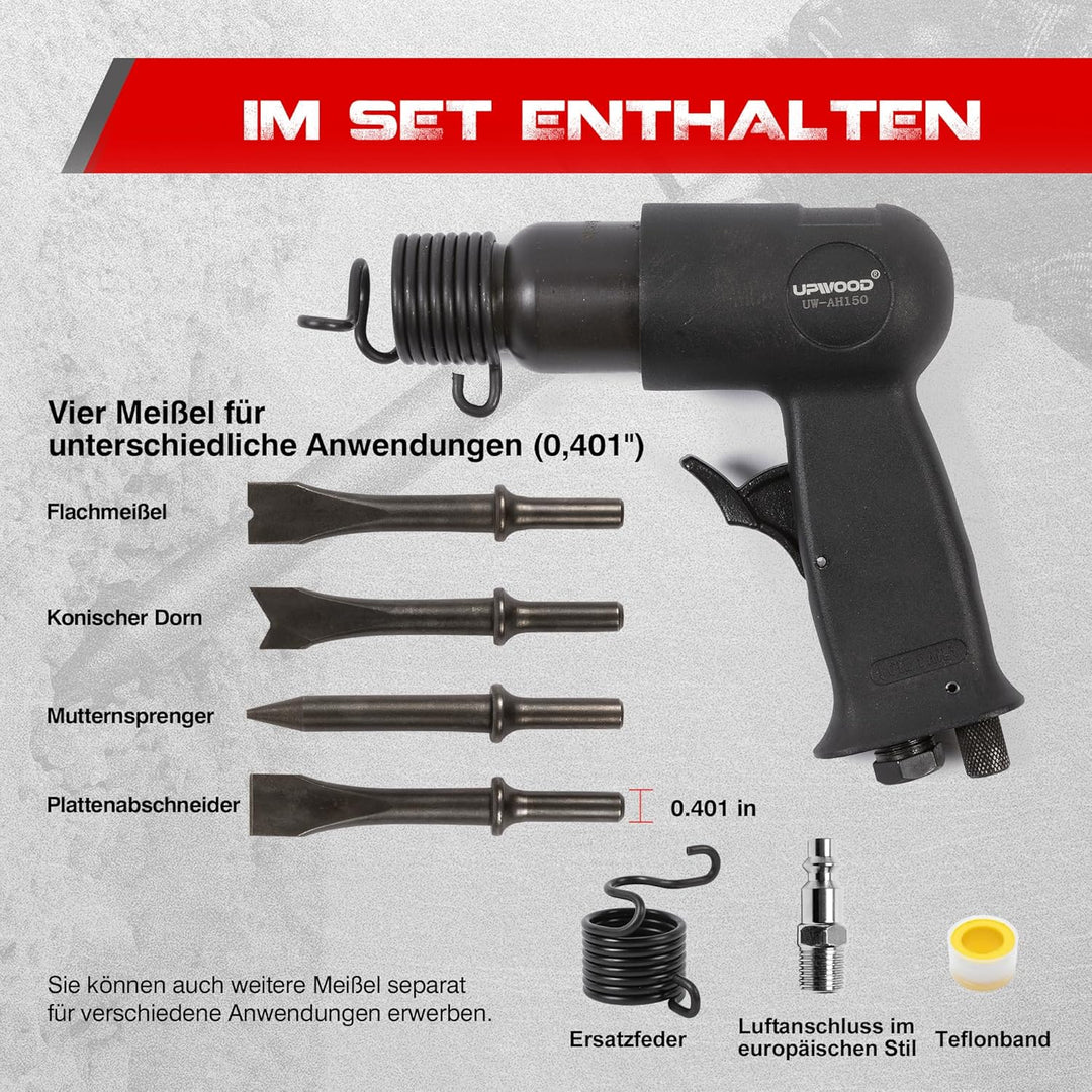 UPWOOD UW-AH150 Kurzrohr-Drucklufthammer-Kit mit Schnellwechselhalterung und 4 Meisseln, 1-5/8" Hub,