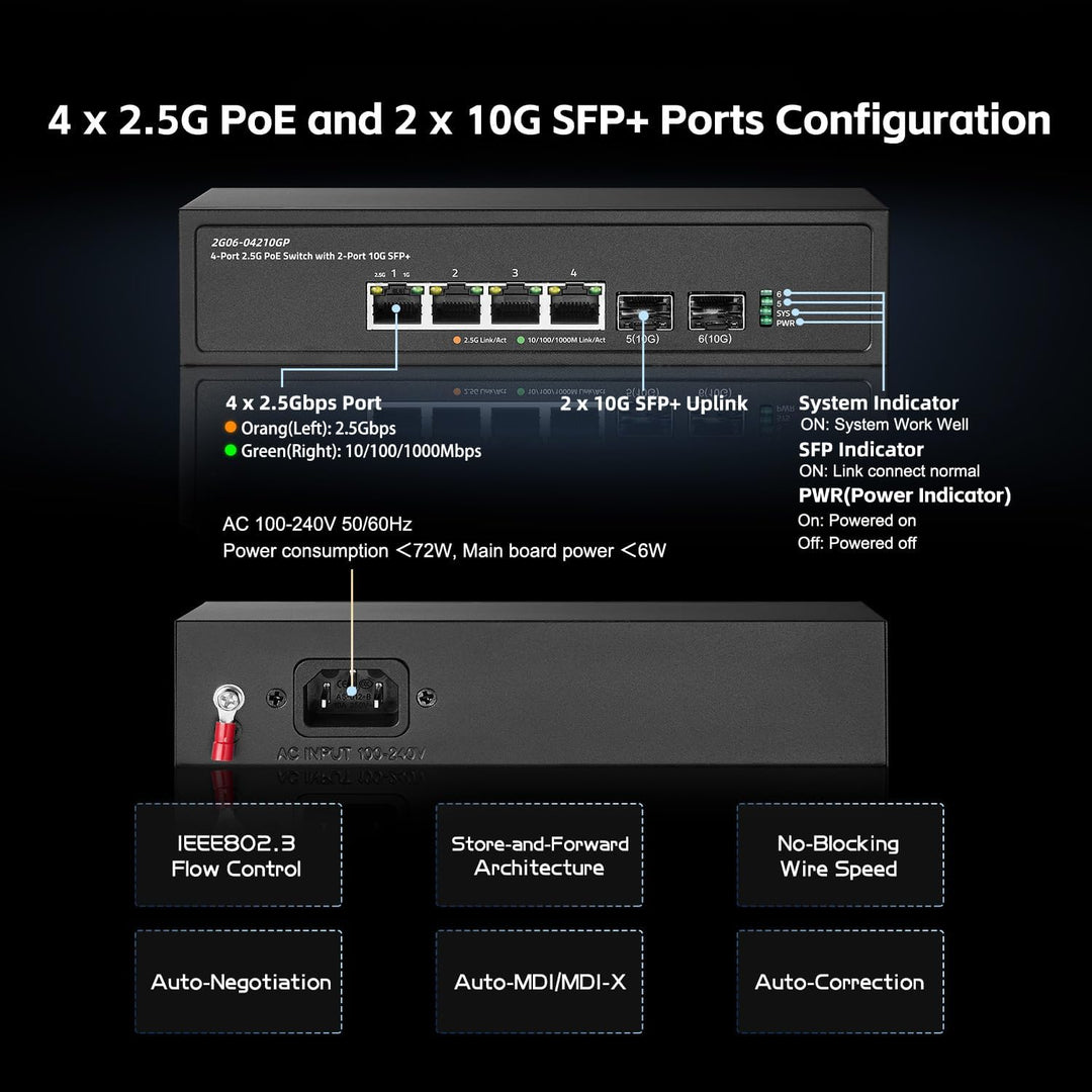Binardat 6 Port 2.5G PoE Switch mit 2x10G SFP+ Port, 4x2.5G Base-T Ports kompatibel mit 100/1000Mbps