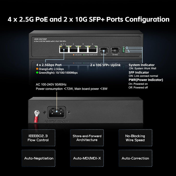 Binardat 6 Port 2.5G PoE Switch mit 2x10G SFP+ Port, 4x2.5G Base-T Ports kompatibel mit 100/1000Mbps