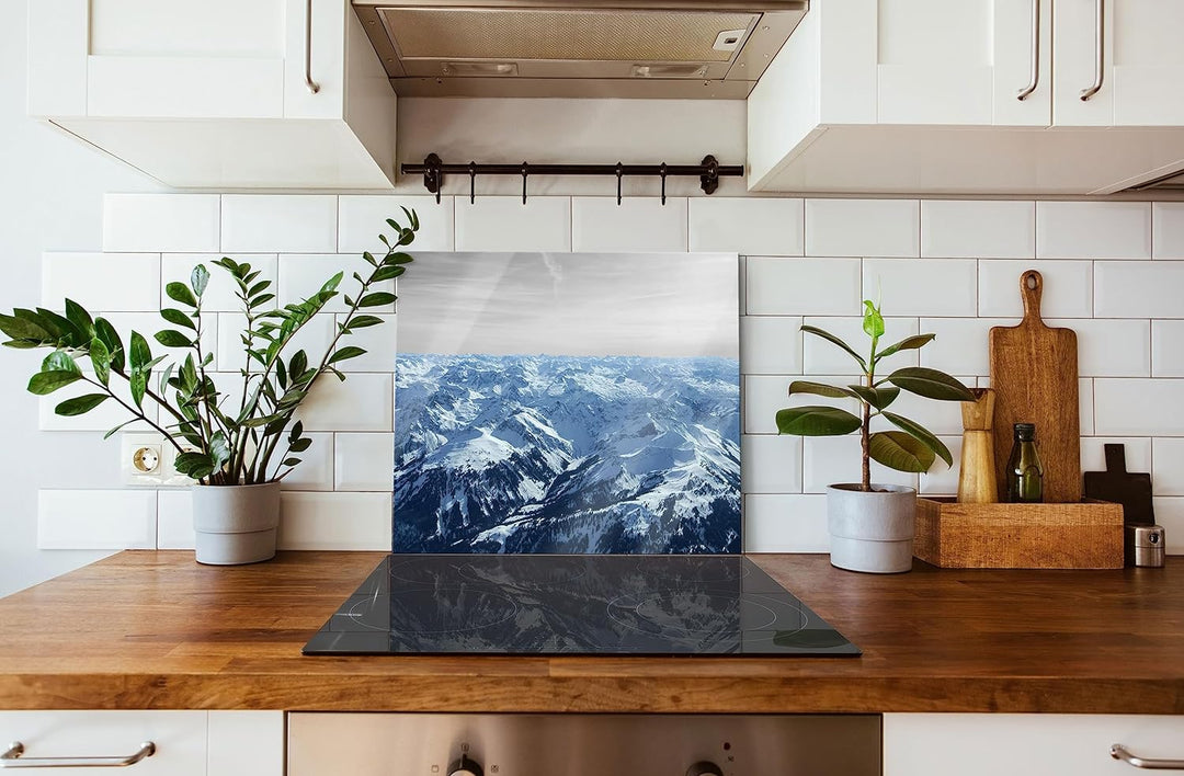 Alpen mit Schneespitzen Herdabdeckplatte & Spritzschutz aus Echtglas | Für Herd-Kochfelder | 60x52 c