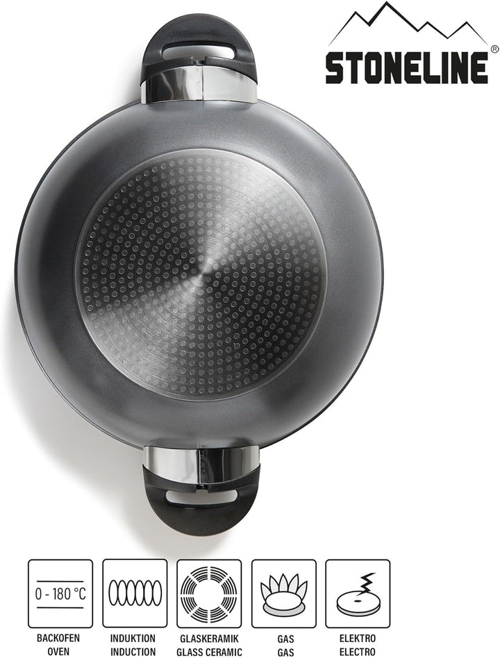 Stoneline Wok 32 cm, mit Deckel, Aluguss, Wok Pfanne beschichtet mit echten Steinpartikeln, grau, oh