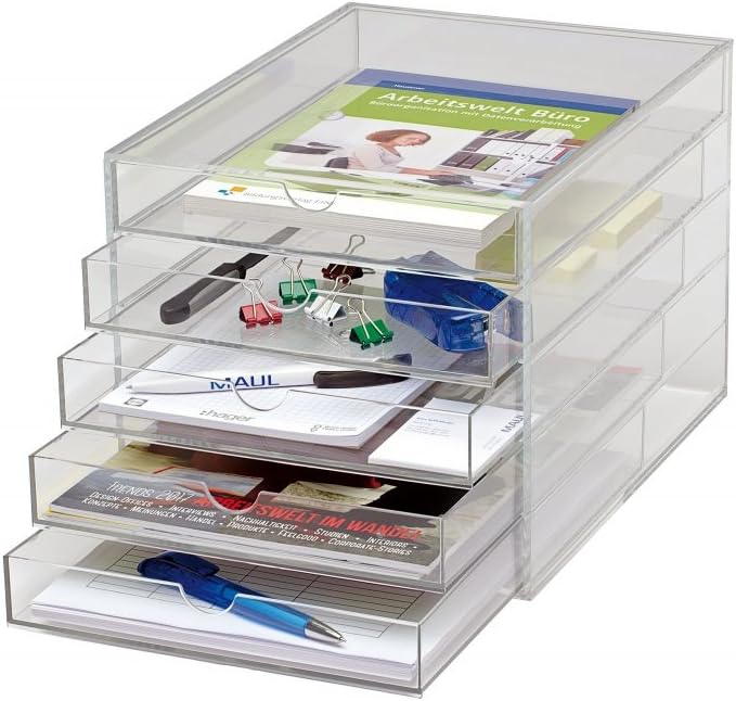 MAUL Schubladenbox A4 aus Acryl | Schreibtisch Organizer mit 5 Fächern zur Aufbewahrung von Papier,