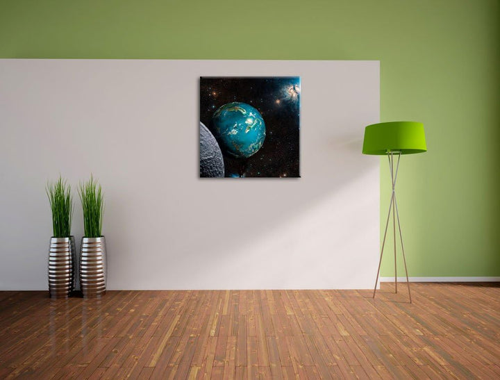 Planet Erde im Kosmos, Format: 70x70 auf Leinwand, XXL riesige Bilder fertig gerahmt mit Keilrahmen,